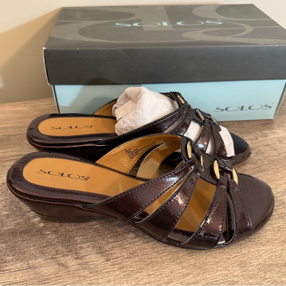 Solos Avalon Slip On Wedge Sandals Shoes Leather Upper Size 8W Dark Brown Patent